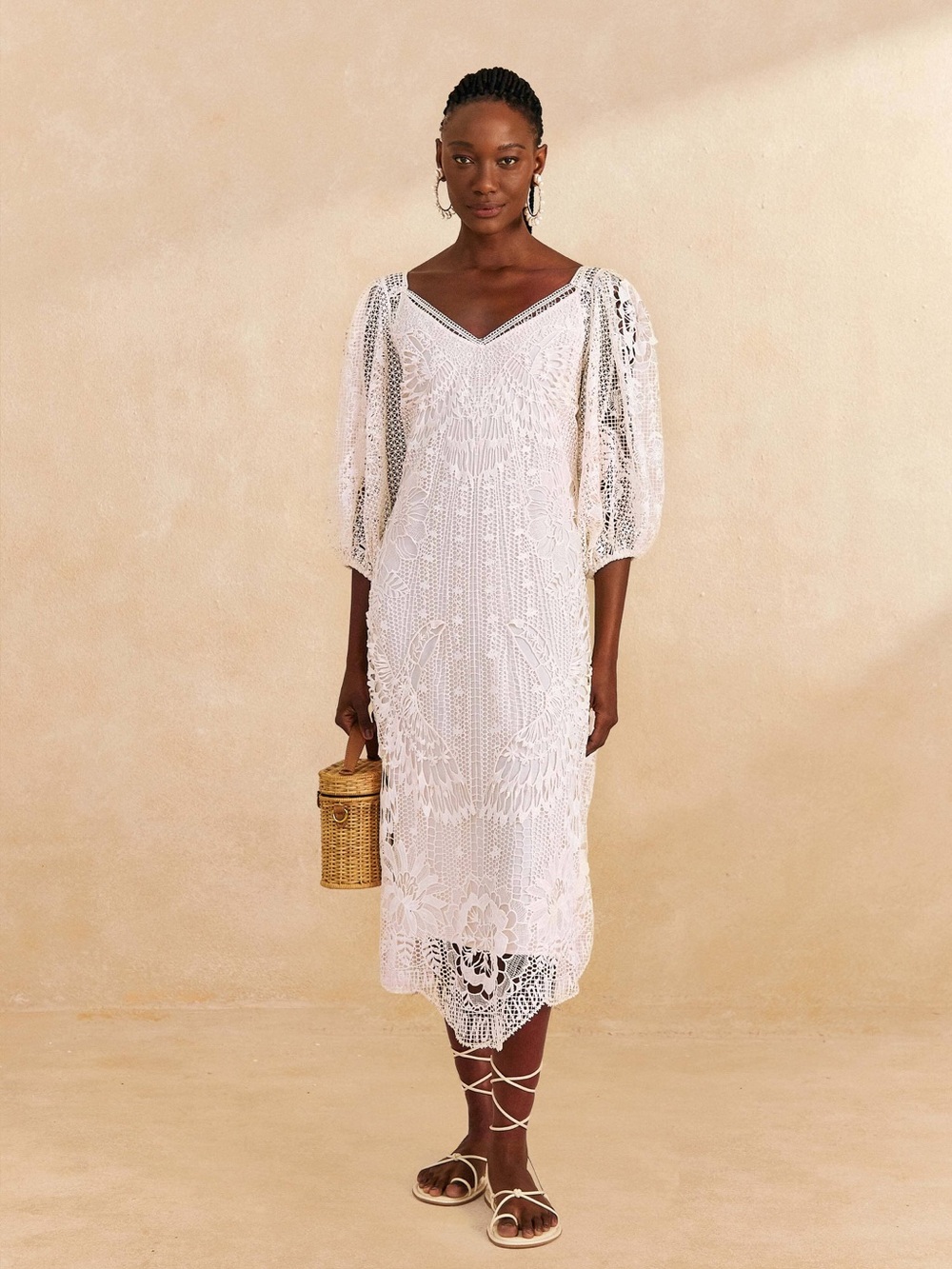 FARM Rio Guipure Midi Dress Size Medium White